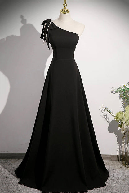 Black One Shoulder Long Prom Dress, Black A-Line Evening Party Dress