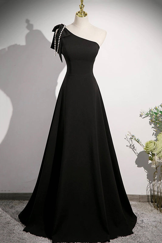 Black One Shoulder Long Prom Dress, Black A-Line Evening Party Dress