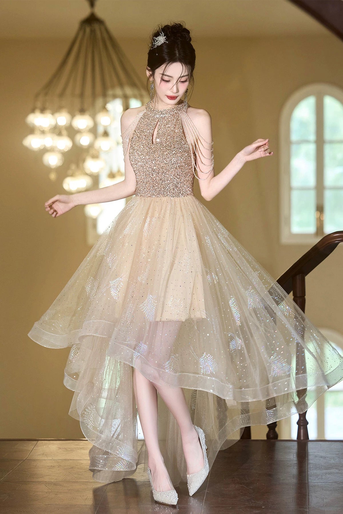 Champagne Tulle Beads Short Party Dress, A-Line High Low Prom Homecoming Dress