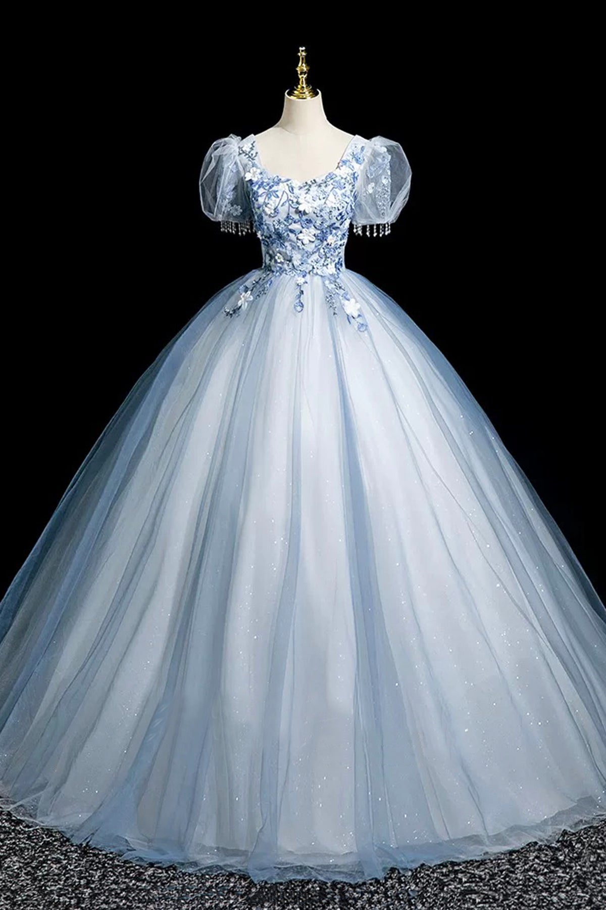 Blue Tulle Lace Long Prom Dress, Lovely A-Line Short Sleeve Party Dress