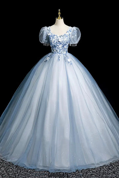 Blue Tulle Lace Long Prom Dress, Lovely A-Line Short Sleeve Party Dress