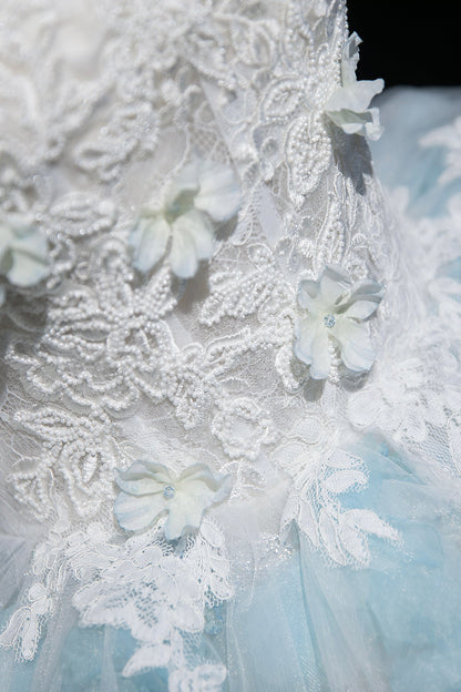 Beautiful Blue Glitter Lace Flower Prom Dress, A-Line Strapless Evening Party Dress