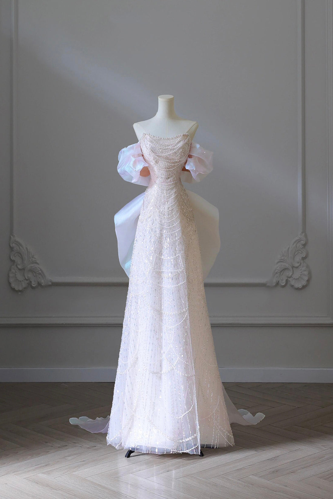 Pink Sequins Strapless Pearls Party Dress, Beautiful Pink A-Line Evening Dress