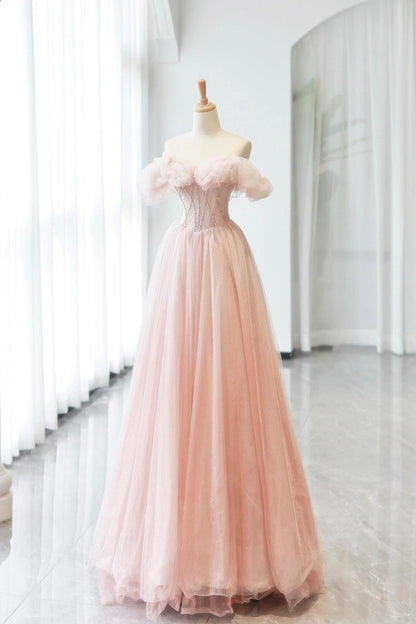 Pink Tulle Long A-Line Prom Dress with Corset, Lovely A-Line Party Dress