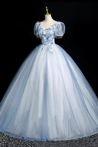 Blue Tulle Lace Long Prom Dress, Lovely A-Line Short Sleeve Party Dress