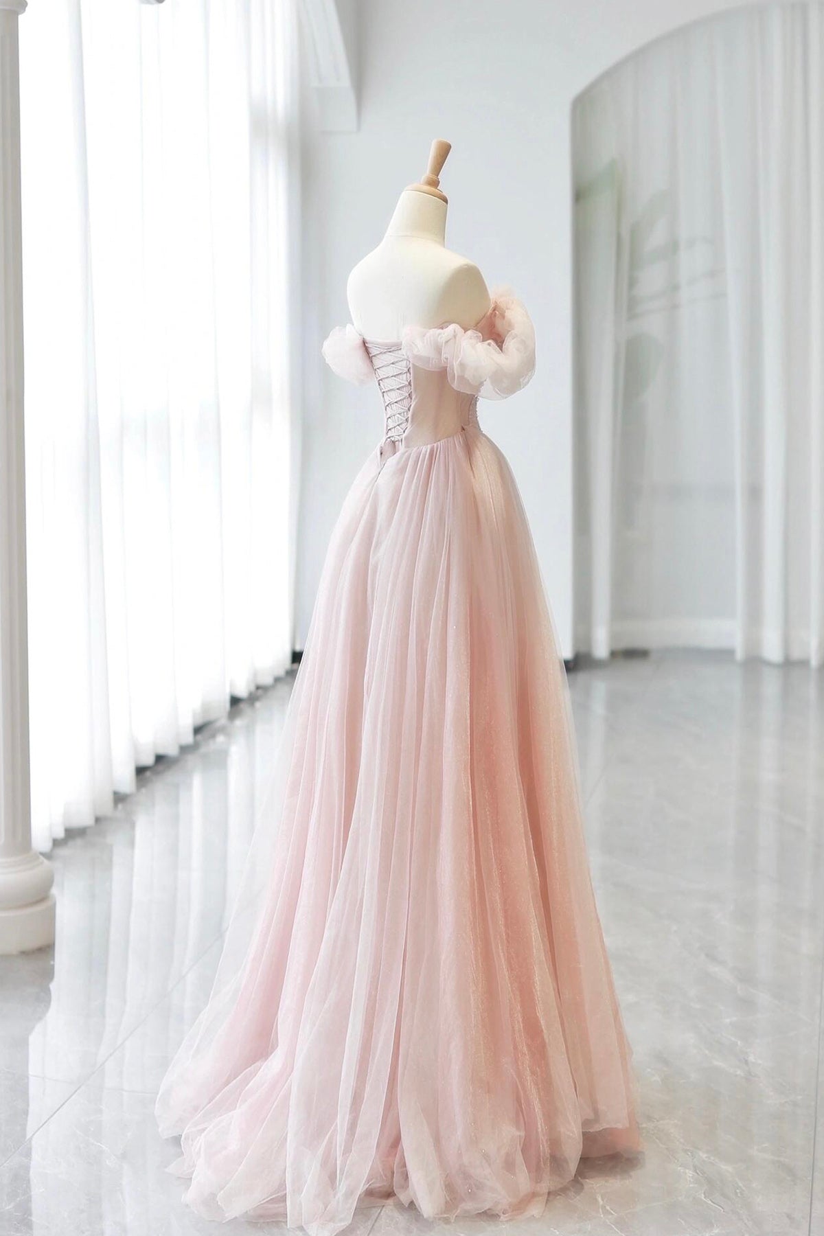 Pink Tulle Long A-Line Prom Dress with Corset, Lovely A-Line Party Dress