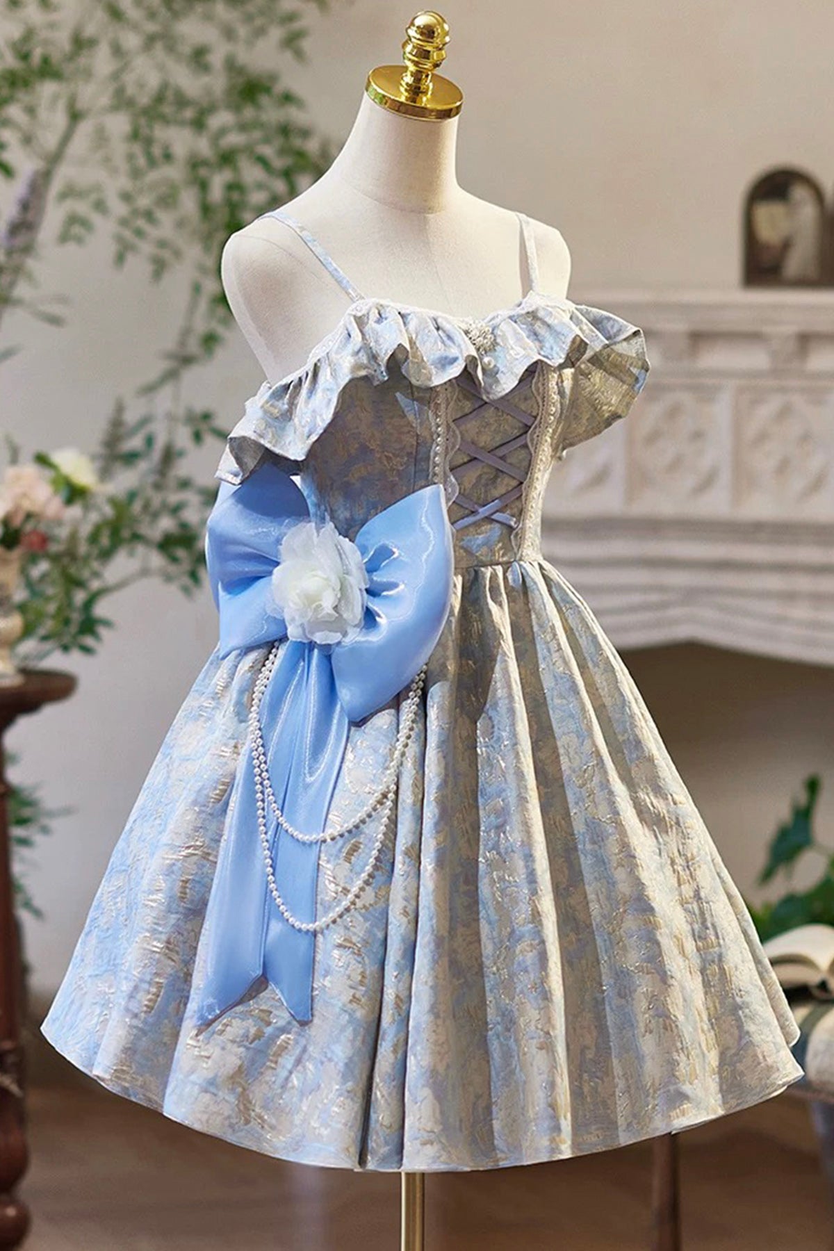 Blue Floral Pattern Short Prom Dress, A-Line Off the Shoulder Party Dress