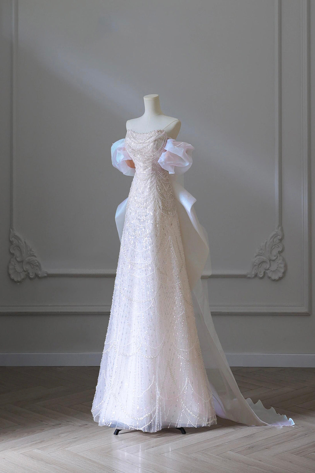 Pink Sequins Strapless Pearls Party Dress, Beautiful Pink A-Line Evening Dress