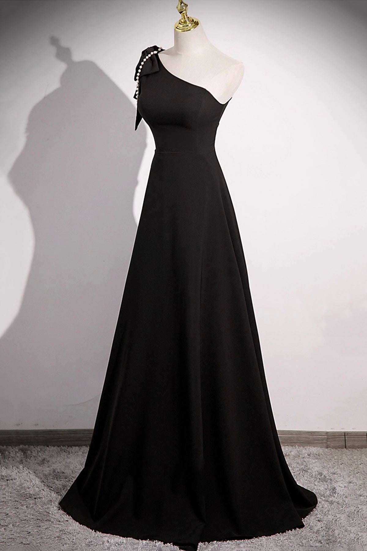 Black One Shoulder Long Prom Dress, Black A-Line Evening Party Dress
