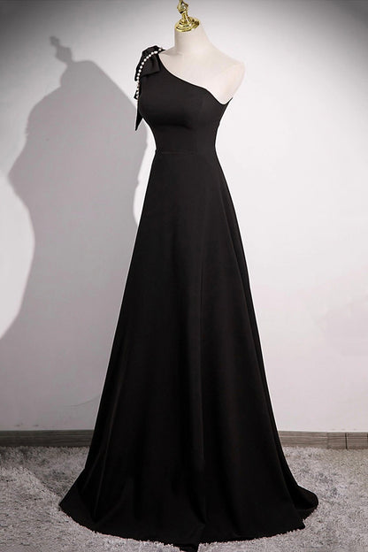Black One Shoulder Long Prom Dress, Black A-Line Evening Party Dress
