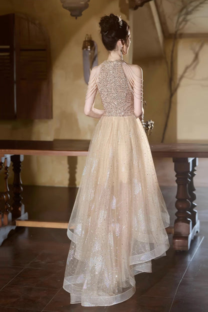 Champagne Tulle Beads Short Party Dress, A-Line High Low Prom Homecoming Dress