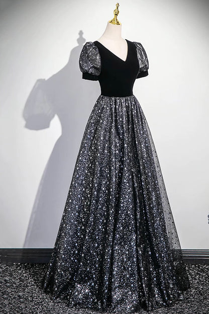 Black V-Neck Velvet Tulle Long Prom Dress, A-Line Short Sleeve Evening Dress