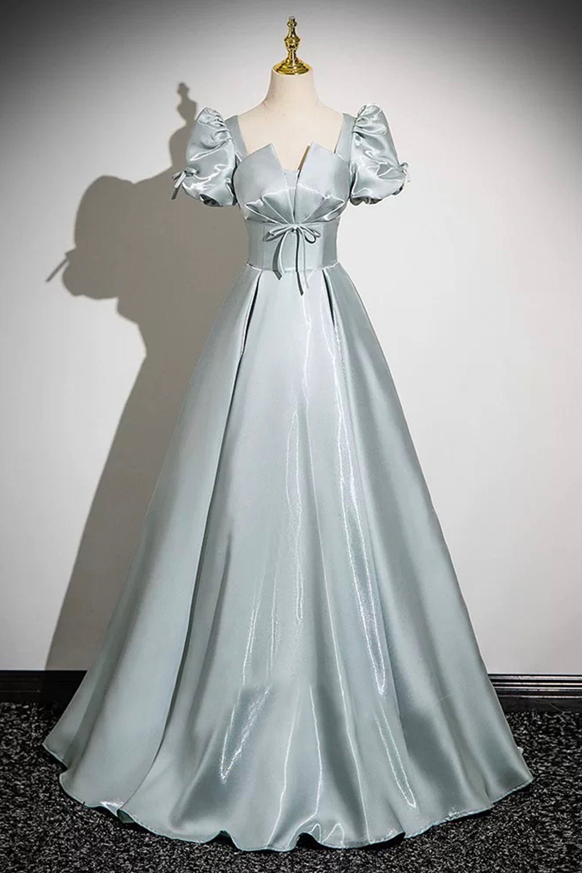 Gray Green Satin Long Prom Dress, A-Line Short Sleeve Evening Party Dress