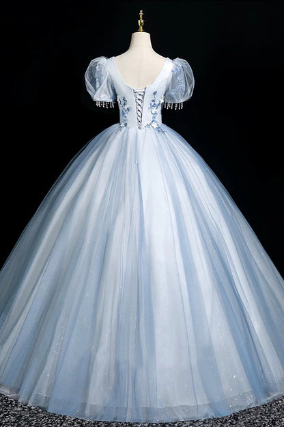 Blue Tulle Lace Long Prom Dress, Lovely A-Line Short Sleeve Party Dress