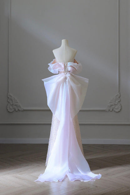 Pink Sequins Strapless Pearls Party Dress, Beautiful Pink A-Line Evening Dress