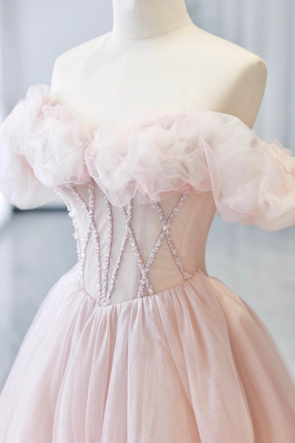 Pink Tulle Long A-Line Prom Dress with Corset, Lovely A-Line Party Dress