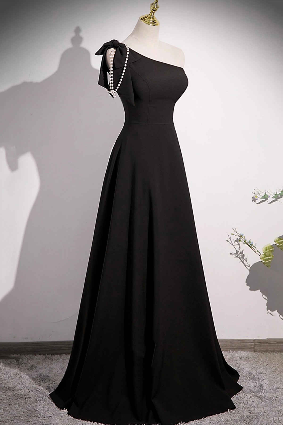 Black One Shoulder Long Prom Dress, Black A-Line Evening Party Dress