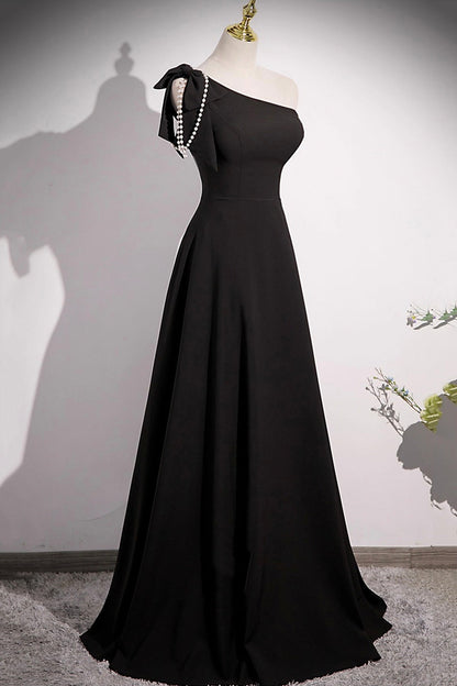Black One Shoulder Long Prom Dress, Black A-Line Evening Party Dress