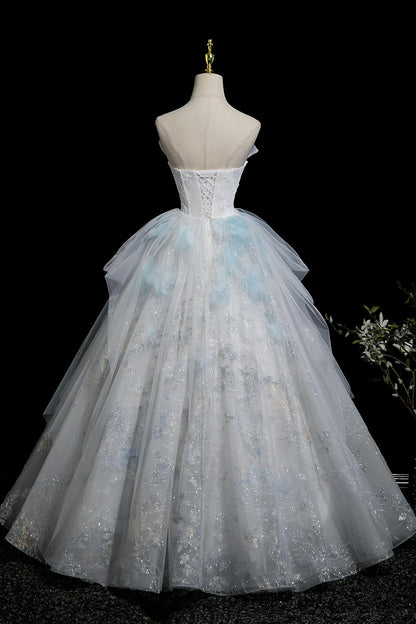 Beautiful Blue Glitter Lace Flower Prom Dress, A-Line Strapless Evening Party Dress