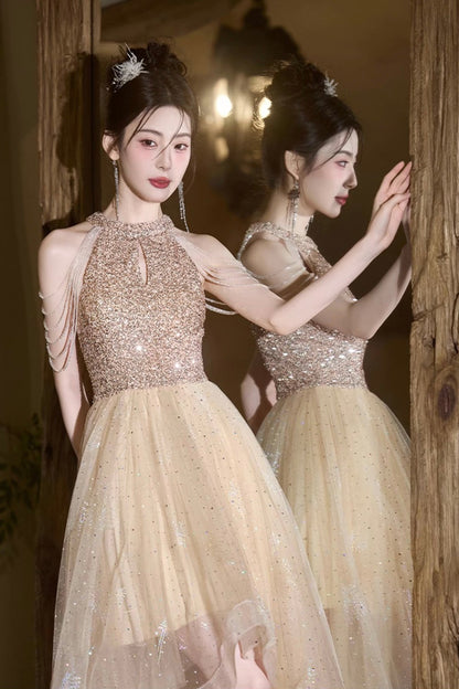 Champagne Tulle Beads Short Party Dress, A-Line High Low Prom Homecoming Dress