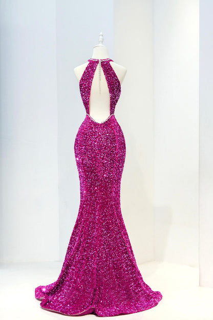 Hot Pink Sequins Long Prom Dress, Mermaid Backless Evening Dress