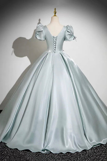 Gray Green Satin Long Prom Dress, A-Line Short Sleeve Evening Party Dress