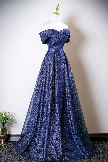 Blue Tulle Long Prom Dress, Blue A-Line Evening Party Dress