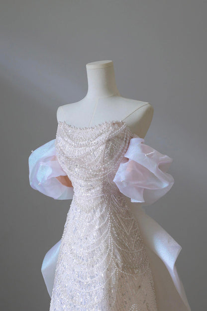 Pink Sequins Strapless Pearls Party Dress, Beautiful Pink A-Line Evening Dress