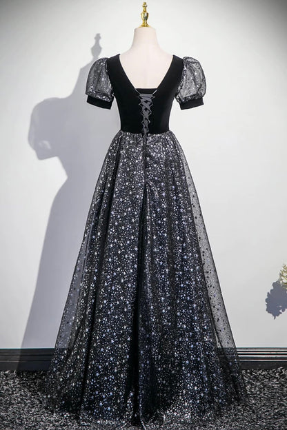 Black V-Neck Velvet Tulle Long Prom Dress, A-Line Short Sleeve Evening Dress