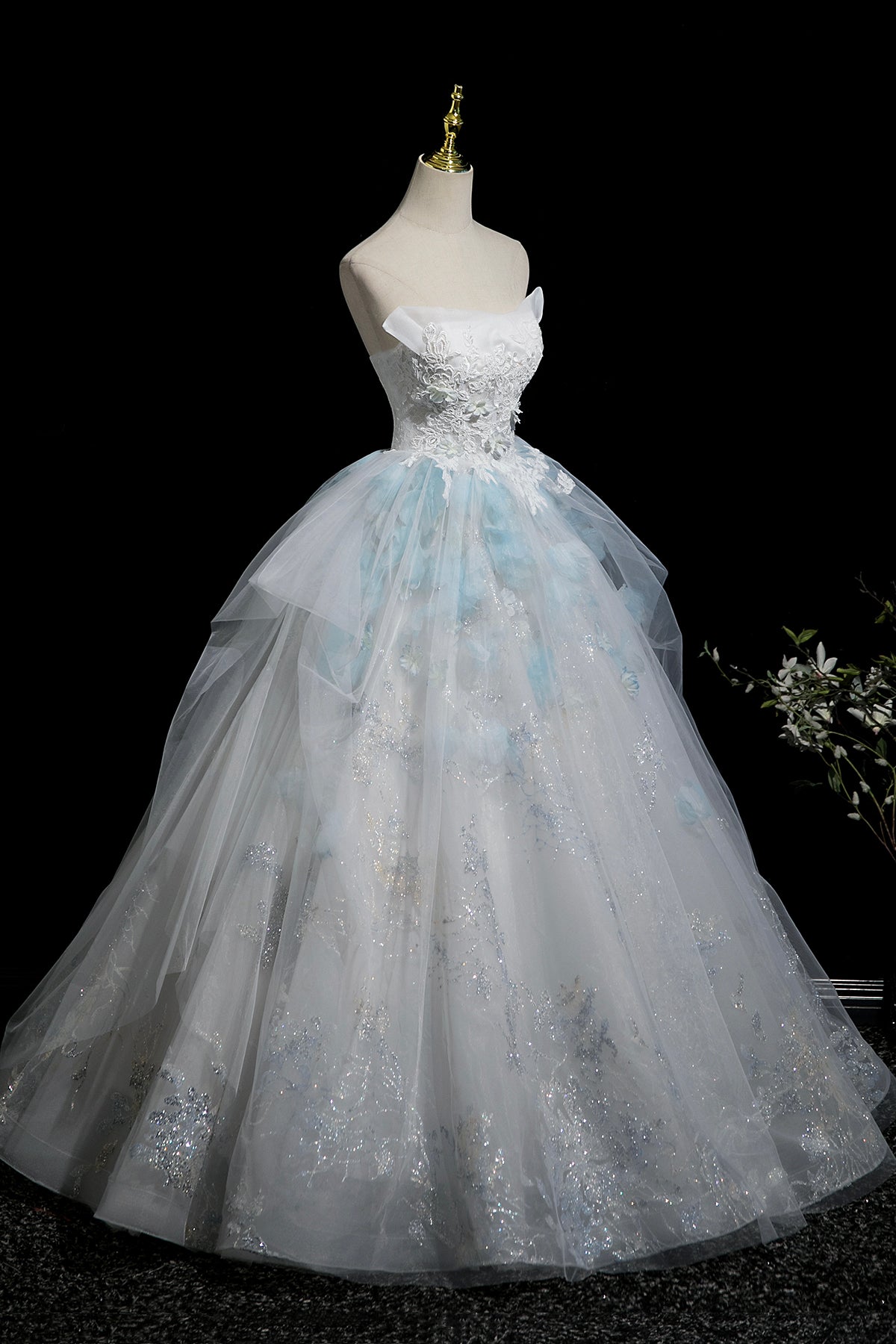 Beautiful Blue Glitter Lace Flower Prom Dress, A-Line Strapless Evening Party Dress