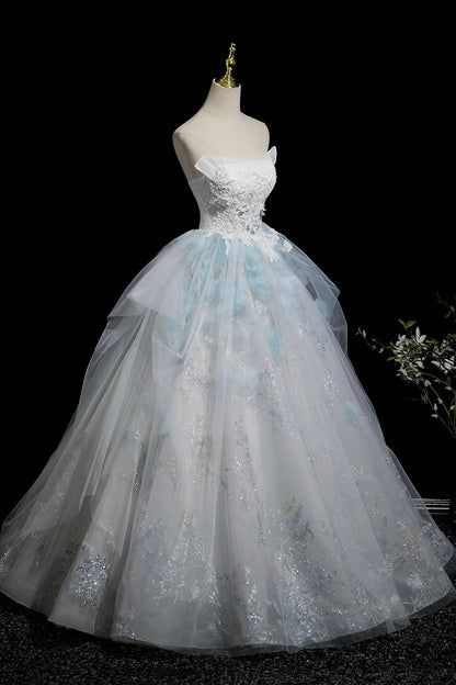 Beautiful Blue Glitter Lace Flower Prom Dress, A-Line Strapless Evening Party Dress