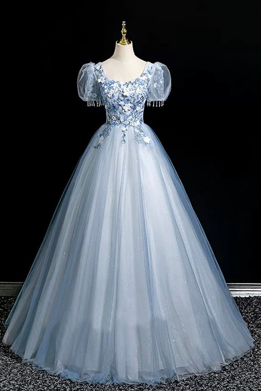Blue Tulle Lace Long Prom Dress, Lovely A-Line Short Sleeve Party Dress