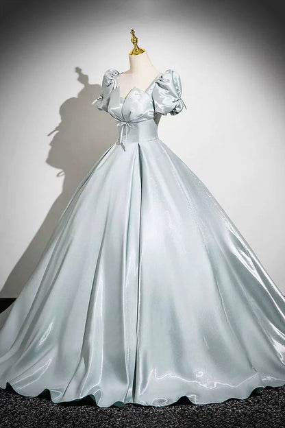 Gray Green Satin Long Prom Dress, A-Line Short Sleeve Evening Party Dress