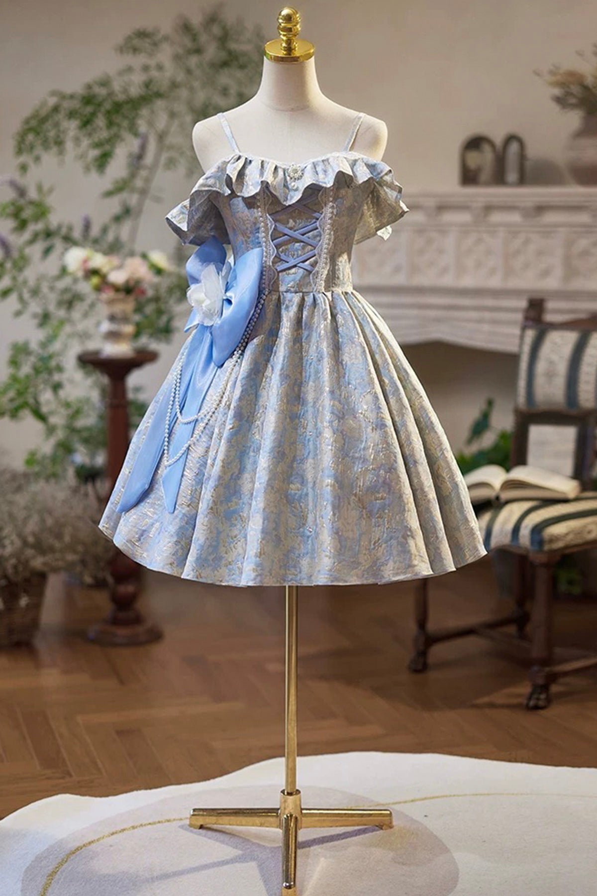 Blue Floral Pattern Short Prom Dress, A-Line Off the Shoulder Party Dress