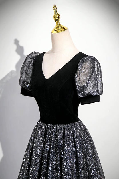 Black V-Neck Velvet Tulle Long Prom Dress, A-Line Short Sleeve Evening Dress