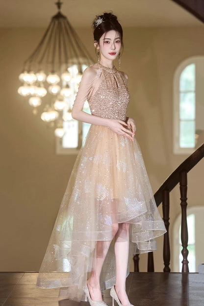 Champagne Tulle Beads Short Party Dress, A-Line High Low Prom Homecoming Dress