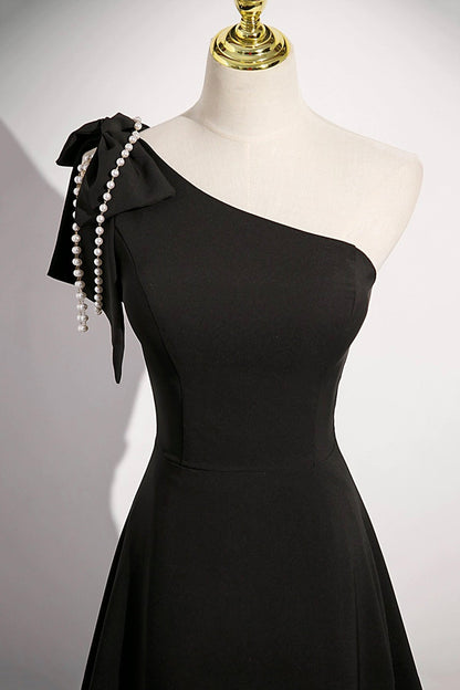 Black One Shoulder Long Prom Dress, Black A-Line Evening Party Dress