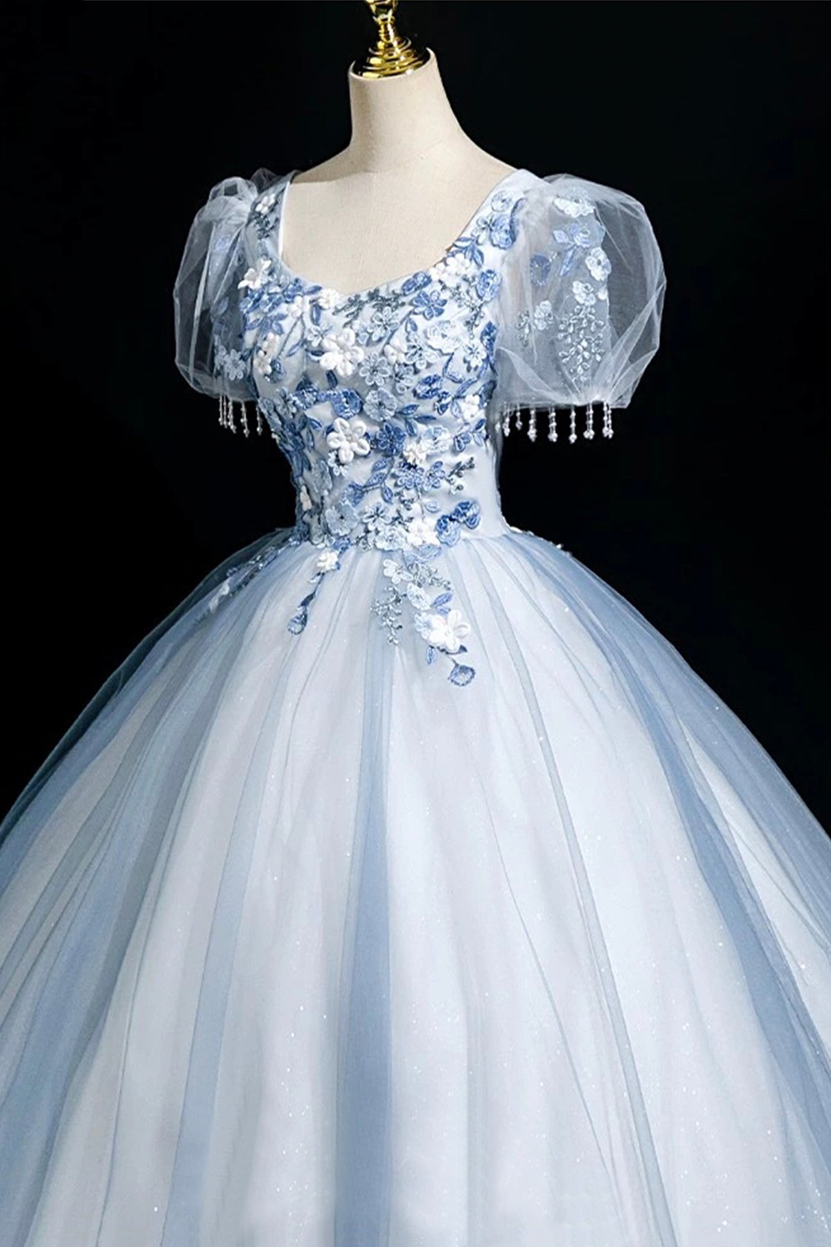 Blue Tulle Lace Long Prom Dress, Lovely A-Line Short Sleeve Party Dress