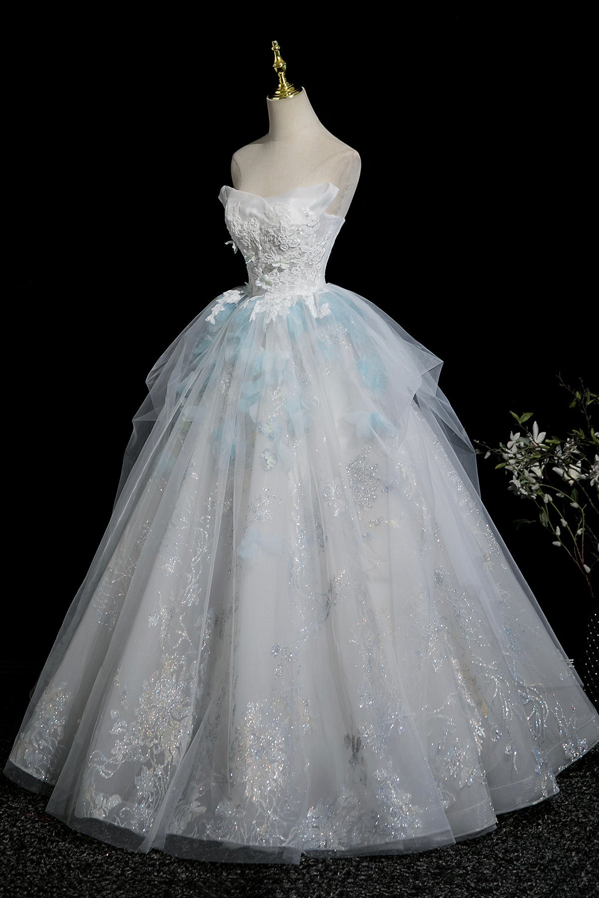 Beautiful Blue Glitter Lace Flower Prom Dress, A-Line Strapless Evening Party Dress