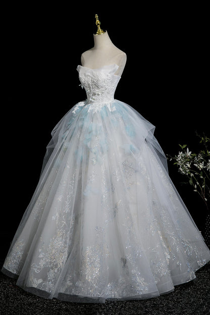 Beautiful Blue Glitter Lace Flower Prom Dress, A-Line Strapless Evening Party Dress