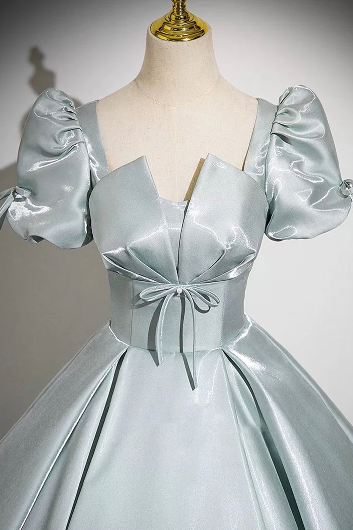 Gray Green Satin Long Prom Dress, A-Line Short Sleeve Evening Party Dress