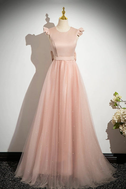 Pink Satin Tulle Long Prom Dress, Beautiful Pink Evening Party Dress