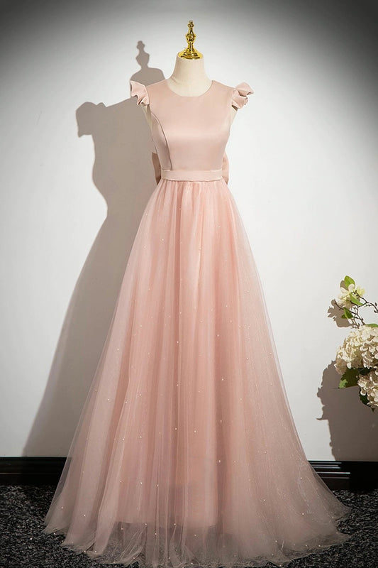 Pink Satin Tulle Long Prom Dress, Beautiful Pink Evening Party Dress
