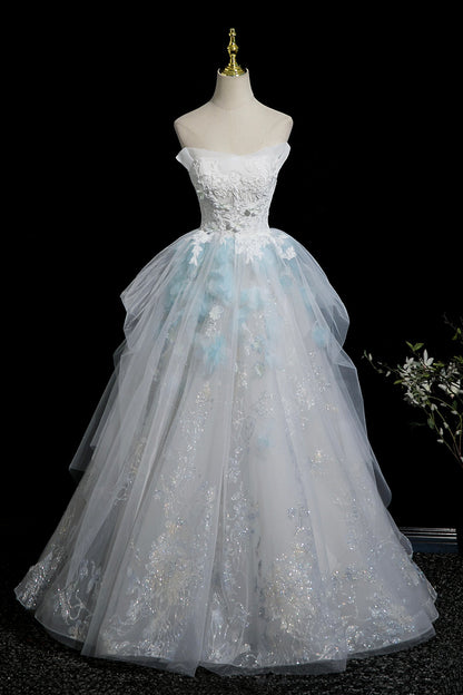 Beautiful Blue Glitter Lace Flower Prom Dress, A-Line Strapless Evening Party Dress