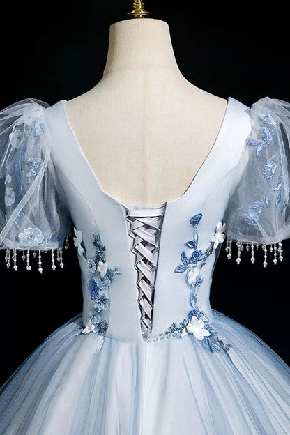 Blue Tulle Lace Long Prom Dress, Lovely A-Line Short Sleeve Party Dress