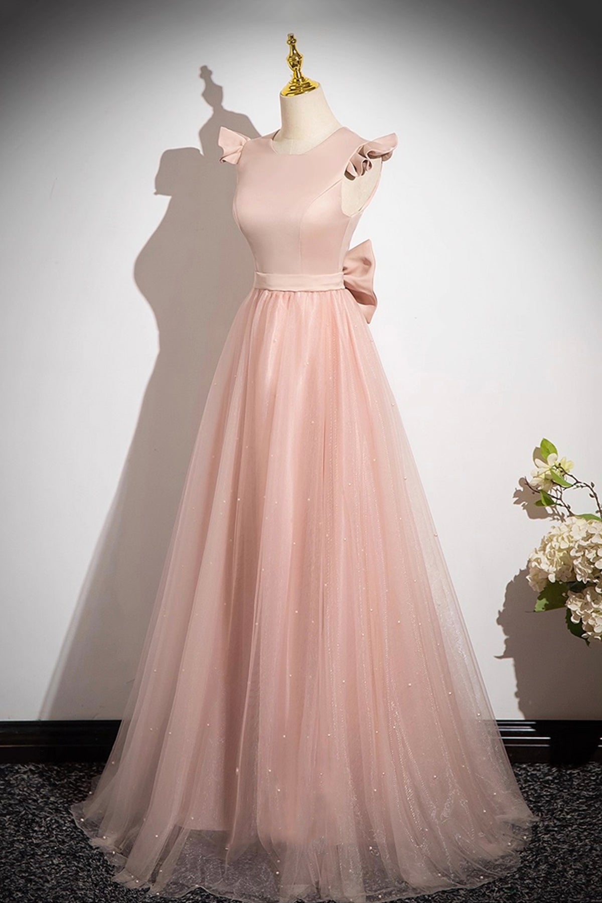 Pink Satin Tulle Long Prom Dress, Beautiful Pink Evening Party Dress