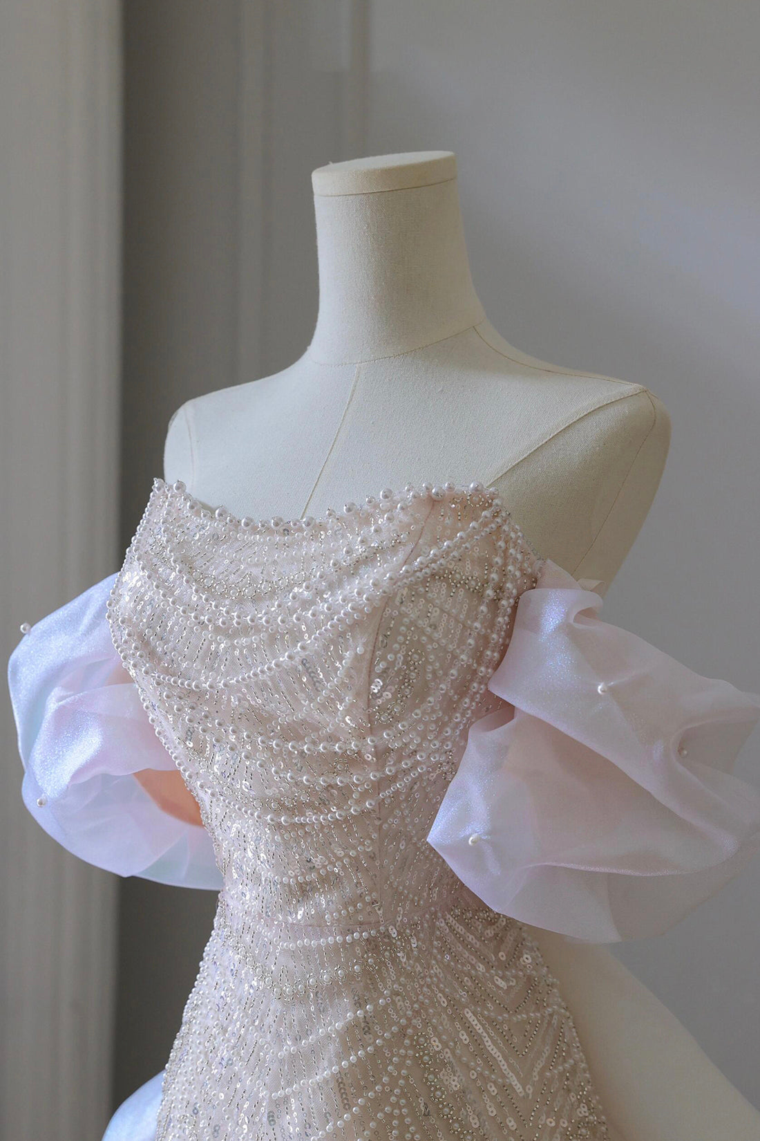 Pink Sequins Strapless Pearls Party Dress, Beautiful Pink A-Line Evening Dress