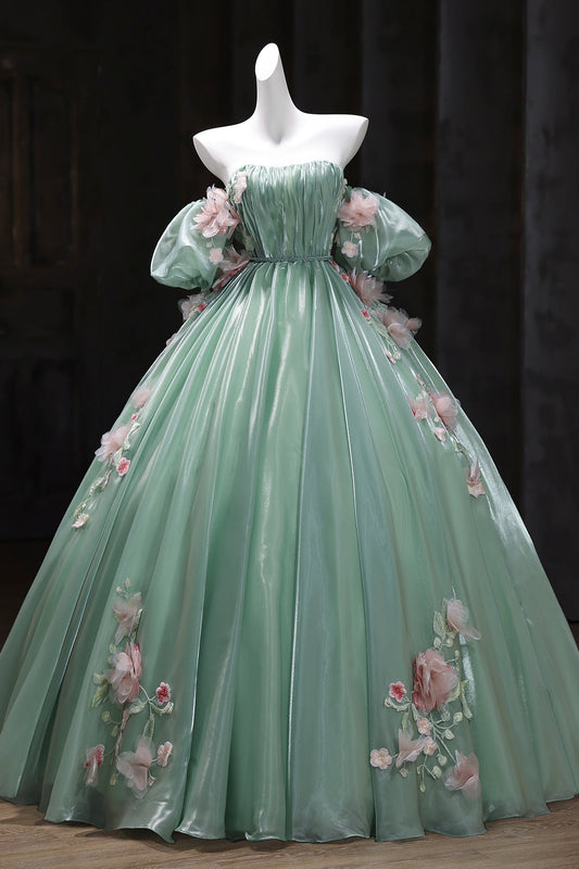 Green Tulle Long Prom Dress with Flowers, Beautiful Off the Shoulder Party Dress