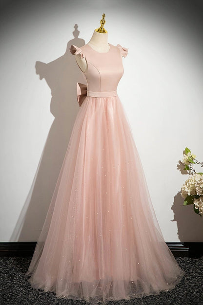 Pink Satin Tulle Long Prom Dress, Beautiful Pink Evening Party Dress
