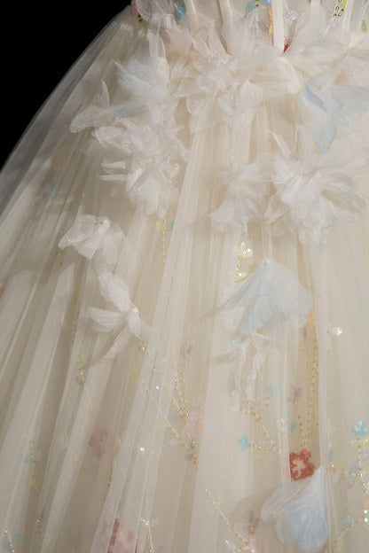 Champagne Tulle Beads Long Prom Dress, Beautiful A-Line Party Dress